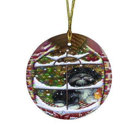 Please Come Home For Christmas Lhasa Apso Dog Sitting In Window Round Ornament D344