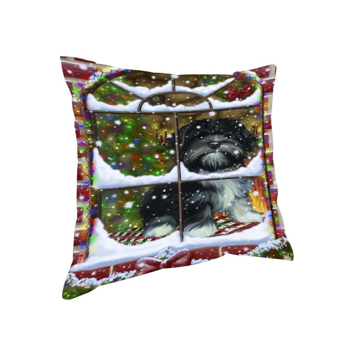 Please Come Home For Christmas Lhasa Apso Dog Sitting In Window Throw Pillow