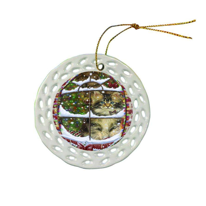 Please Come Home For Christmas Maine Coon Cat Sitting In Window Ceramic Doily Ornament DPOR53637