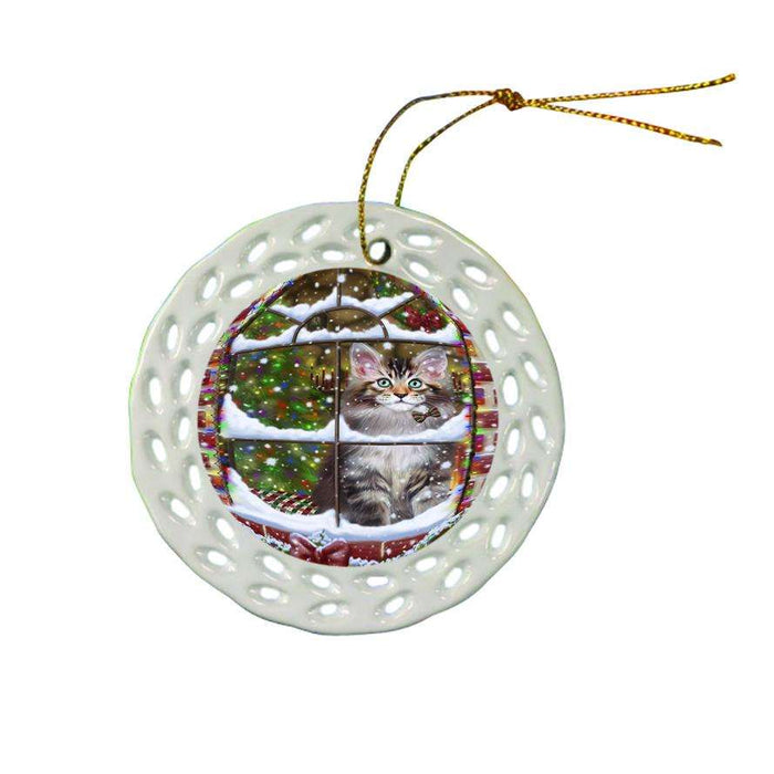 Please Come Home For Christmas Maine Coon Cat Sitting In Window Ceramic Doily Ornament DPOR53638