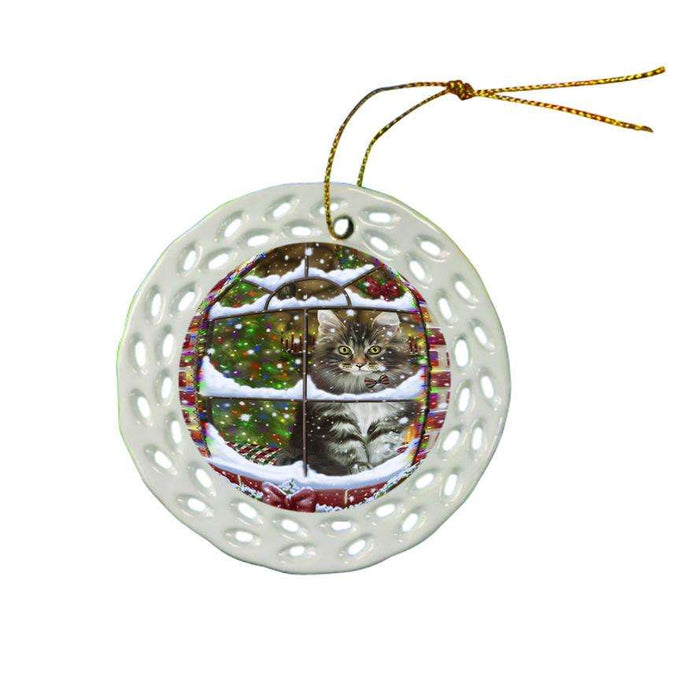 Please Come Home For Christmas Maine Coon Cat Sitting In Window Ceramic Doily Ornament DPOR53639