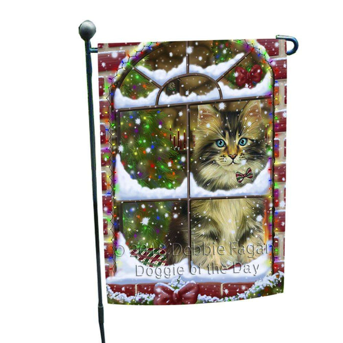 Please Come Home For Christmas Maine Coon Cat Sitting In Window Garden Flag GFLG53699