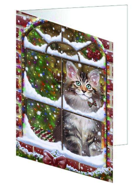 Please Come Home For Christmas Maine Coon Cat Sitting In Window Handmade Artwork Assorted Pets Greeting Cards and Note Cards with Envelopes for All Occasions and Holiday Seasons GCD64943