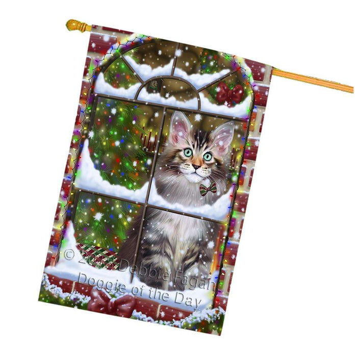 Please Come Home For Christmas Maine Coon Cat Sitting In Window House Flag FLG53836