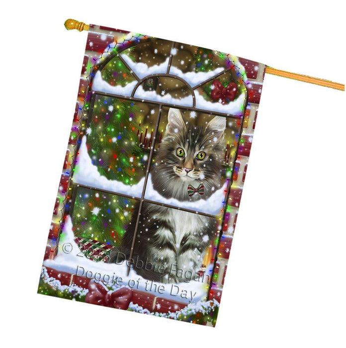 Please Come Home For Christmas Maine Coon Cat Sitting In Window House Flag FLG53837