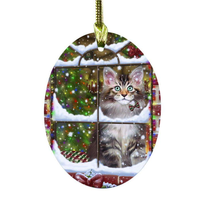 Please Come Home For Christmas Maine Coon Cat Sitting In Window Oval Glass Christmas Ornament OGOR49183