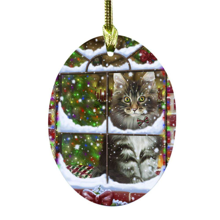 Please Come Home For Christmas Maine Coon Cat Sitting In Window Oval Glass Christmas Ornament OGOR49184