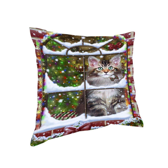 Please Come Home For Christmas Maine Coon Cat Sitting In Window Pillow PIL71176