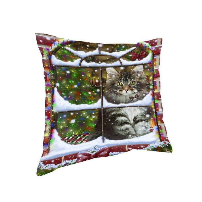 Please Come Home For Christmas Maine Coon Cat Sitting In Window Pillow PIL71180