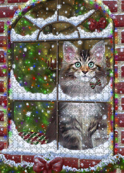 Please Come Home For Christmas Maine Coon Cat Sitting In Window Puzzle with Photo Tin PUZL81708