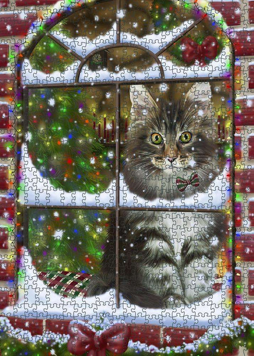 Please Come Home For Christmas Maine Coon Cat Sitting In Window Puzzle with Photo Tin PUZL81712