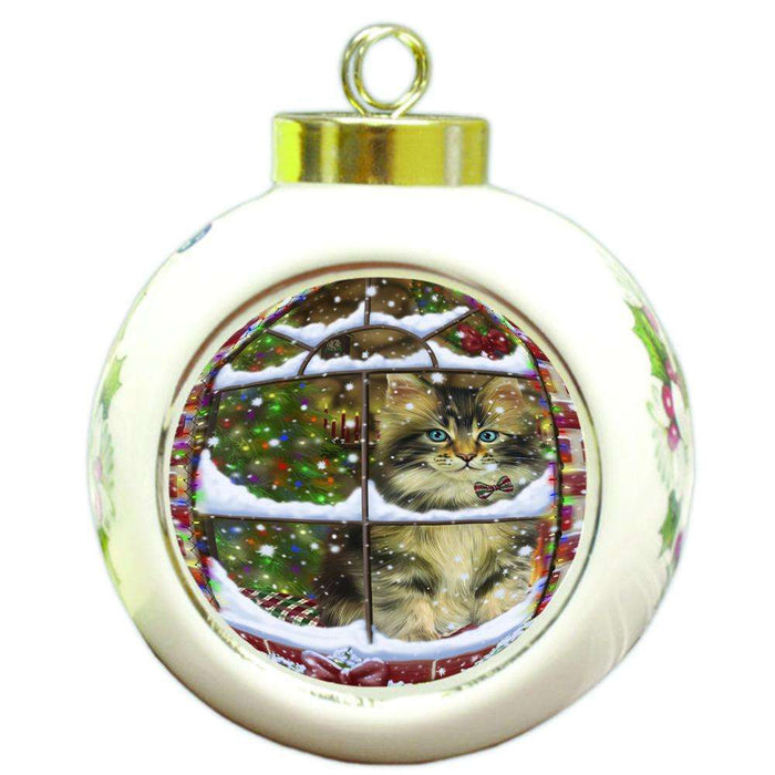 Please Come Home For Christmas Maine Coon Cat Sitting In Window Round Ball Christmas Ornament RBPOR53637