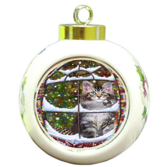 Please Come Home For Christmas Maine Coon Cat Sitting In Window Round Ball Christmas Ornament RBPOR53638