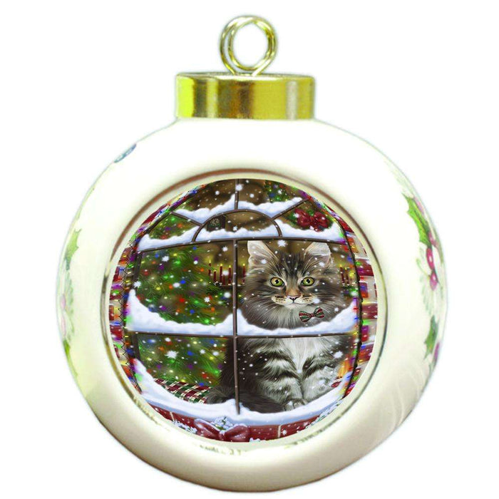 Please Come Home For Christmas Maine Coon Cat Sitting In Window Round Ball Christmas Ornament RBPOR53639