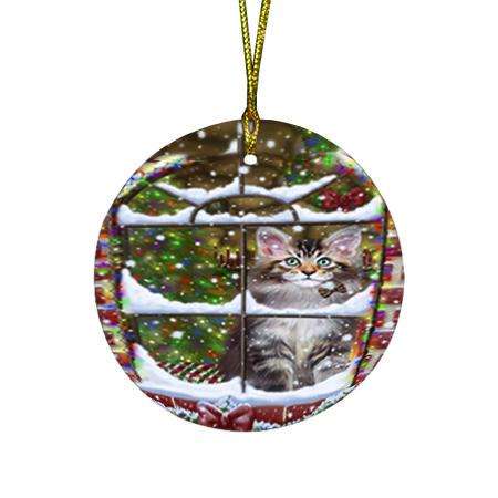 Please Come Home For Christmas Maine Coon Cat Sitting In Window Round Flat Christmas Ornament RFPOR53629