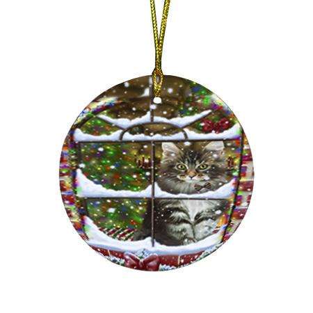 Please Come Home For Christmas Maine Coon Cat Sitting In Window Round Flat Christmas Ornament RFPOR53630