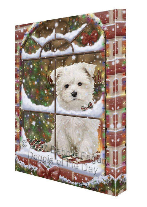 Please Come Home For Christmas Maltese Dog Sitting In Window Canvas Wall Art