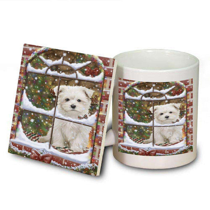 Please Come Home For Christmas Maltese Dog Sitting In Window Mug and Coaster Set