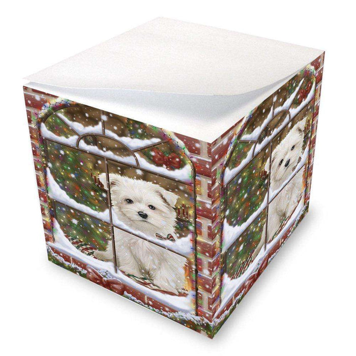 Please Come Home For Christmas Maltese Dog Sitting In Window Note Cube D423