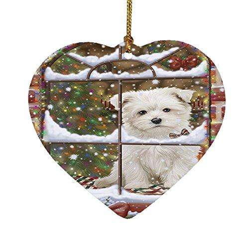Please Come Home For Christmas Maltese Sitting In Window Heart Ornament