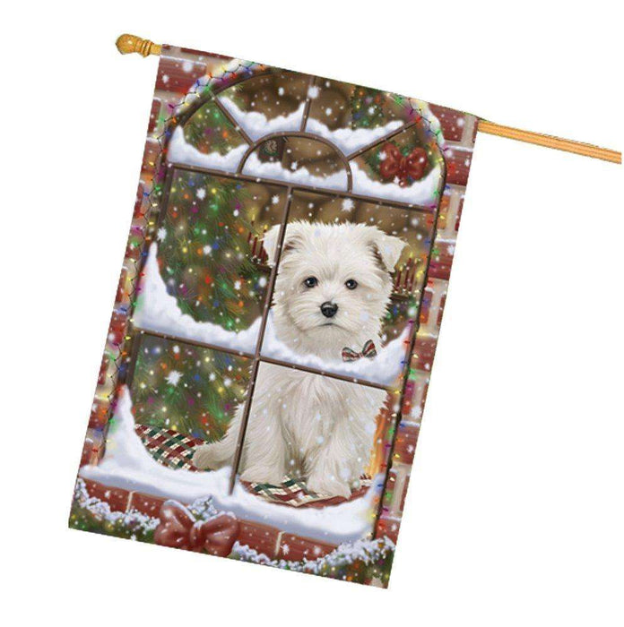 Please Come Home For Christmas Maltese Sitting In Window House Flag