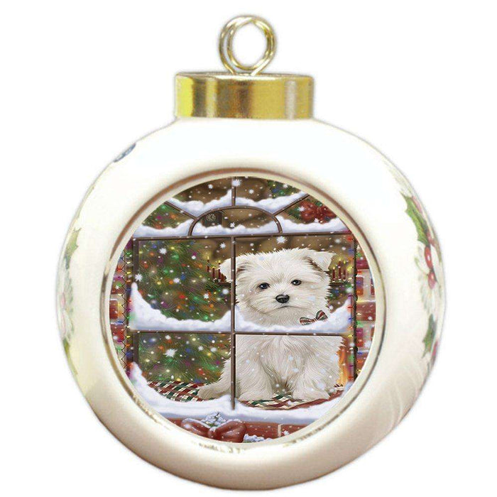 Please Come Home For Christmas Maltese Sitting In Window Round Ball Ornament
