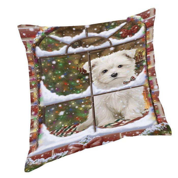 Please Come Home For Christmas Maltese Sitting In Window Throw Pillow