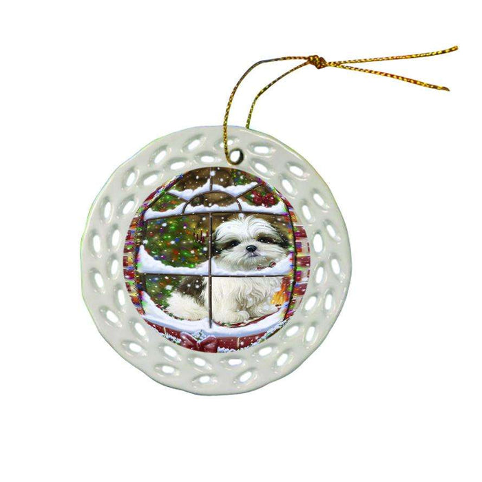 Please Come Home For Christmas Malti Tzu Dog Sitting In Window Ceramic Doily Ornament DPOR53640