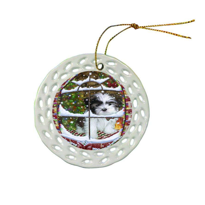 Please Come Home For Christmas Malti Tzu Dog Sitting In Window Ceramic Doily Ornament DPOR53641