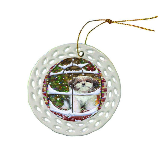 Please Come Home For Christmas Malti Tzu Dog Sitting In Window Ceramic Doily Ornament DPOR53642