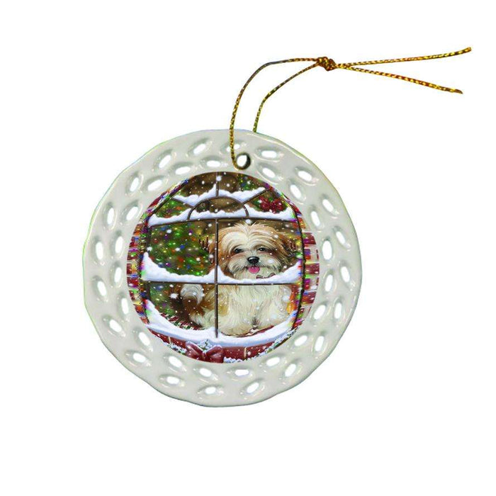 Please Come Home For Christmas Malti Tzu Dog Sitting In Window Ceramic Doily Ornament DPOR53643