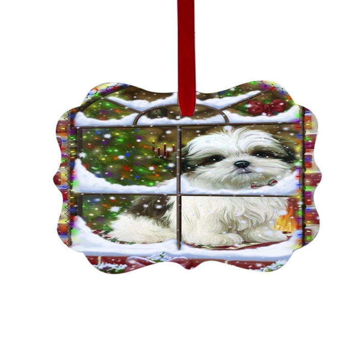 Please Come Home For Christmas Malti Tzu Dog Sitting In Window Double-Sided Photo Benelux Christmas Ornament LOR49186