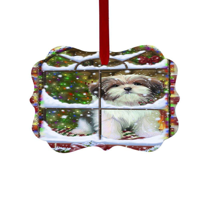 Please Come Home For Christmas Malti Tzu Dog Sitting In Window Double-Sided Photo Benelux Christmas Ornament LOR49188