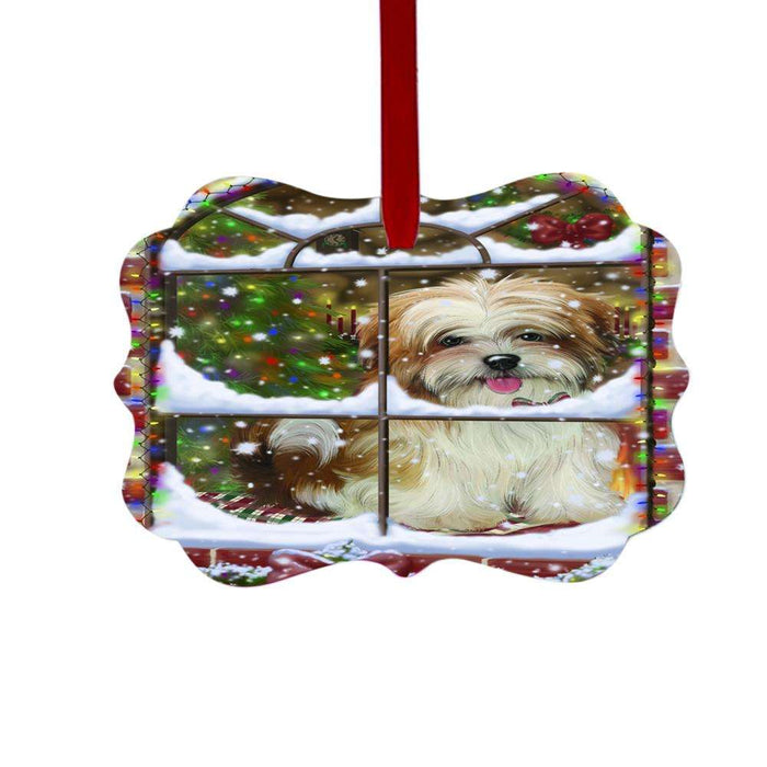 Please Come Home For Christmas Malti Tzu Dog Sitting In Window Double-Sided Photo Benelux Christmas Ornament LOR49189