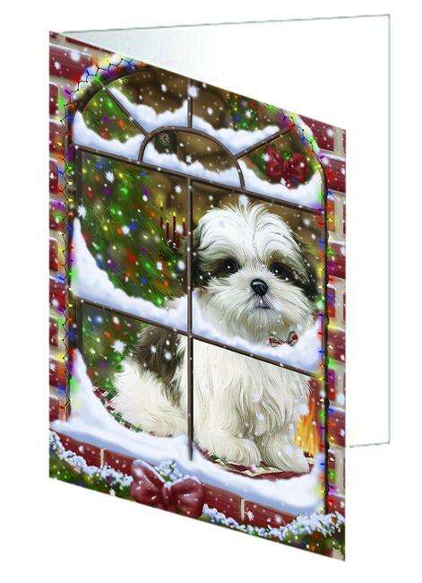 Please Come Home For Christmas Malti Tzu Dog Sitting In Window Handmade Artwork Assorted Pets Greeting Cards and Note Cards with Envelopes for All Occasions and Holiday Seasons GCD64949