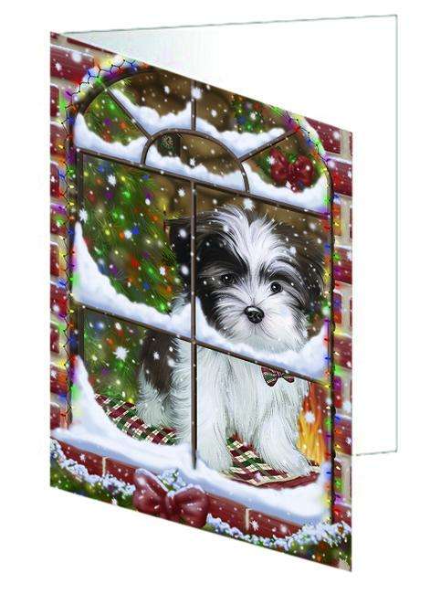 Please Come Home For Christmas Malti Tzu Dog Sitting In Window Handmade Artwork Assorted Pets Greeting Cards and Note Cards with Envelopes for All Occasions and Holiday Seasons GCD64952