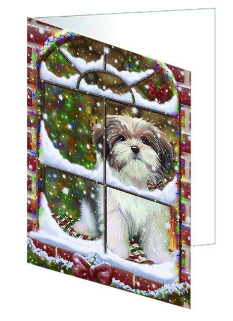 Please Come Home For Christmas Malti Tzu Dog Sitting In Window Handmade Artwork Assorted Pets Greeting Cards and Note Cards with Envelopes for All Occasions and Holiday Seasons GCD64955
