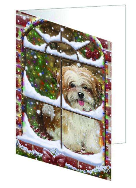 Please Come Home For Christmas Malti Tzu Dog Sitting In Window Handmade Artwork Assorted Pets Greeting Cards and Note Cards with Envelopes for All Occasions and Holiday Seasons GCD64958
