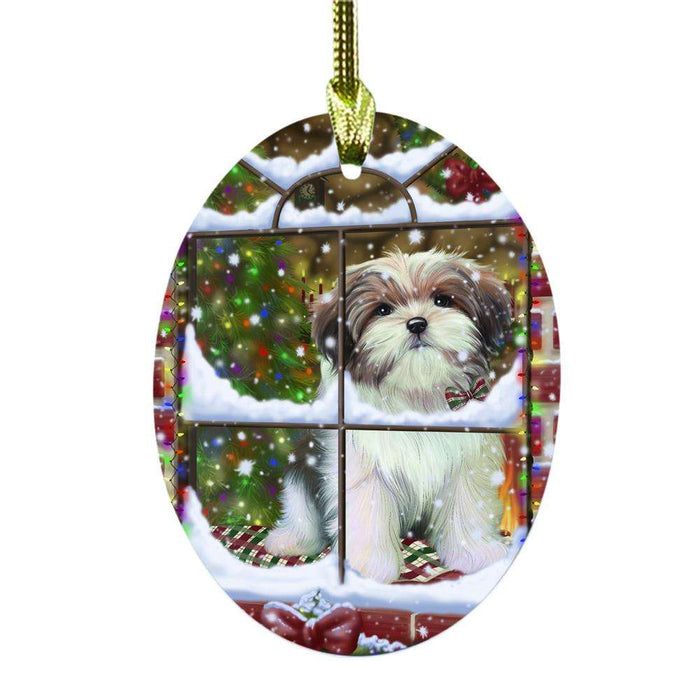 Please Come Home For Christmas Malti Tzu Dog Sitting In Window Oval Glass Christmas Ornament OGOR49188