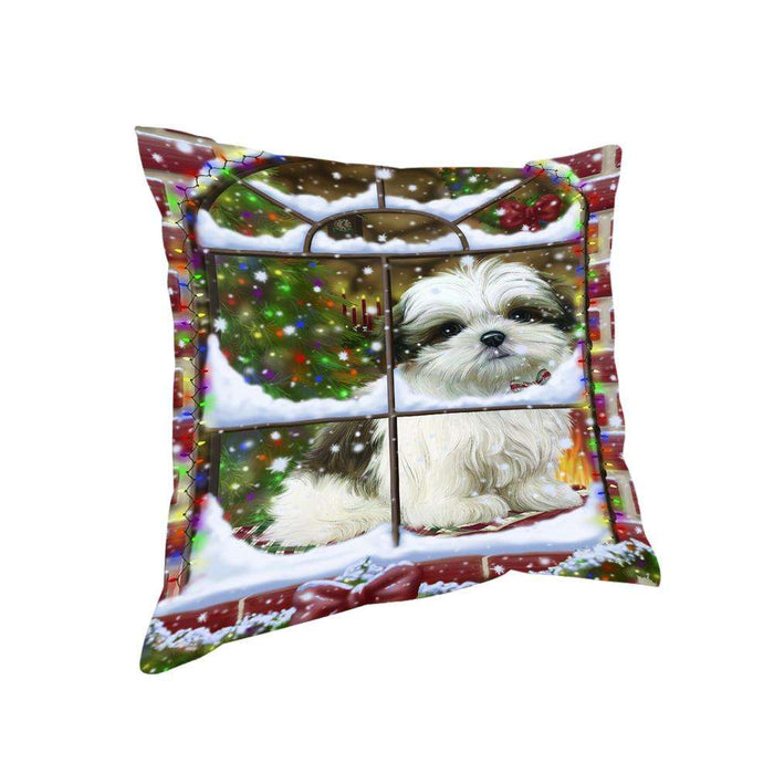 Please Come Home For Christmas Malti Tzu Dog Sitting In Window Pillow PIL71184