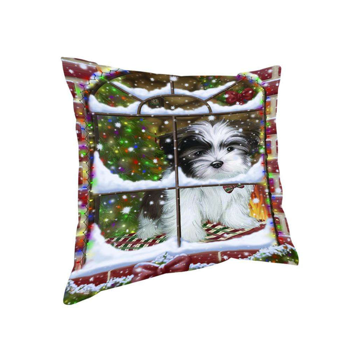 Please Come Home For Christmas Malti Tzu Dog Sitting In Window Pillow PIL71188