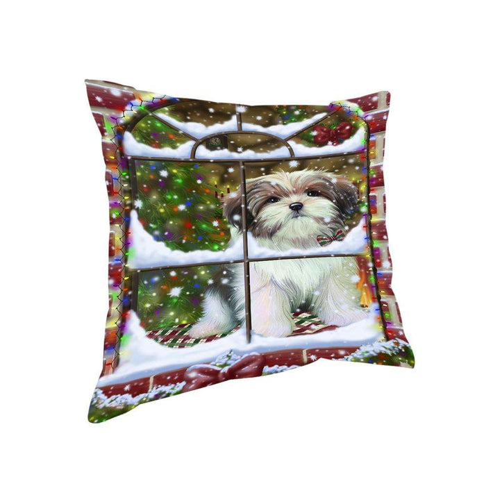 Please Come Home For Christmas Malti Tzu Dog Sitting In Window Pillow PIL72388
