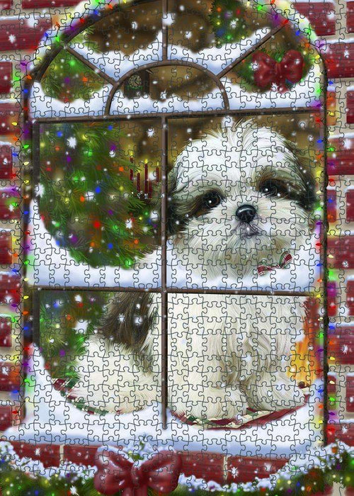 Please Come Home For Christmas Malti Tzu Dog Sitting In Window Puzzle with Photo Tin PUZL81716