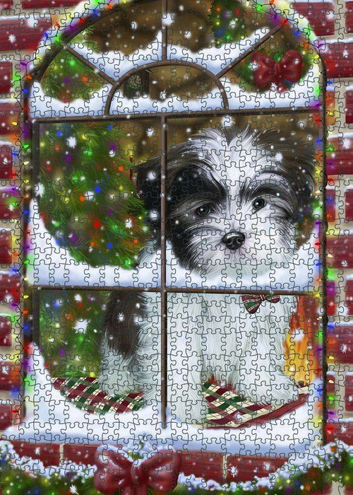 Please Come Home For Christmas Malti Tzu Dog Sitting In Window Puzzle with Photo Tin PUZL81720