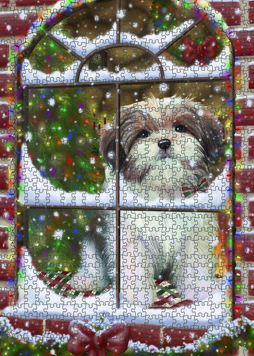 Please Come Home For Christmas Malti Tzu Dog Sitting In Window Puzzle with Photo Tin PUZL81724