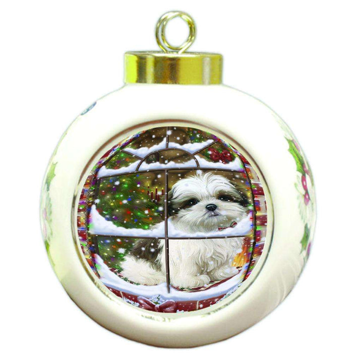 Please Come Home For Christmas Malti Tzu Dog Sitting In Window Round Ball Christmas Ornament RBPOR53640