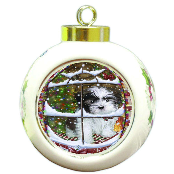 Please Come Home For Christmas Malti Tzu Dog Sitting In Window Round Ball Christmas Ornament RBPOR53641