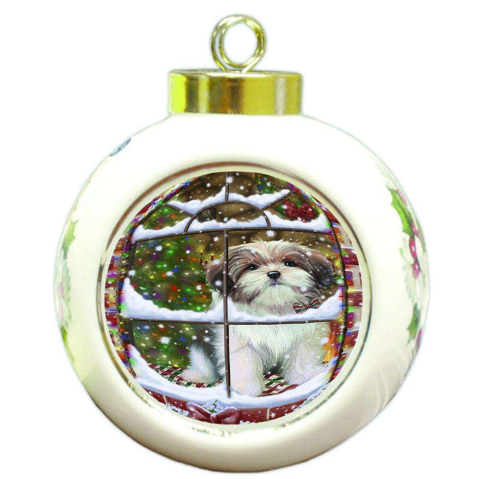 Please Come Home For Christmas Malti Tzu Dog Sitting In Window Round Ball Christmas Ornament RBPOR53642