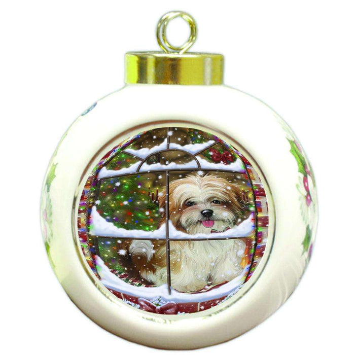 Please Come Home For Christmas Malti Tzu Dog Sitting In Window Round Ball Christmas Ornament RBPOR53643