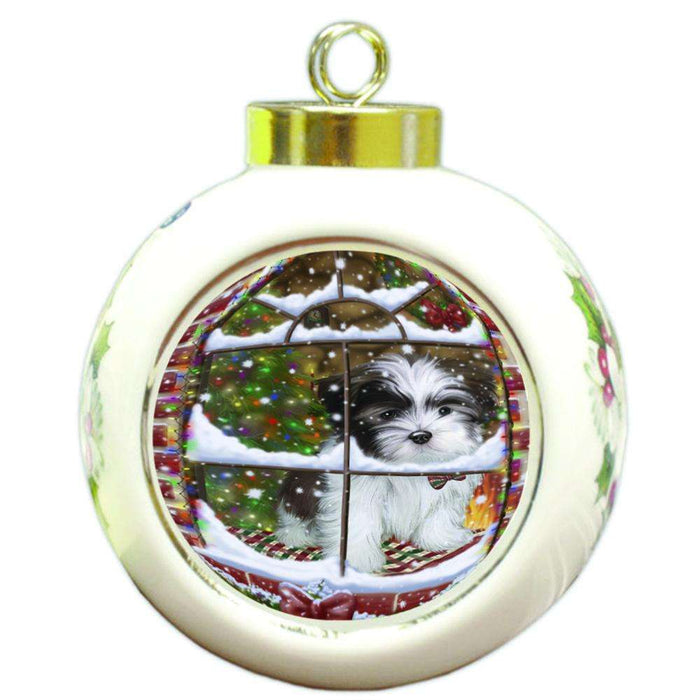 Please Come Home For Christmas Malti Tzu Dog Sitting In Window Round Ball Christmas Ornament RBPOR53940